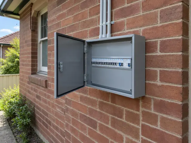 Exterior switchboard on a brick wall beside a window, with the door open in Malabar